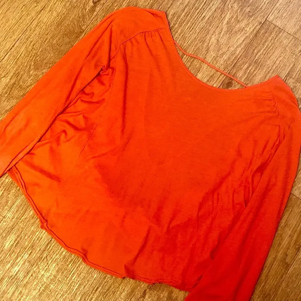 Free People Orange Long Sleeve Open Back Criss-Cross Strap Blouse Size XS